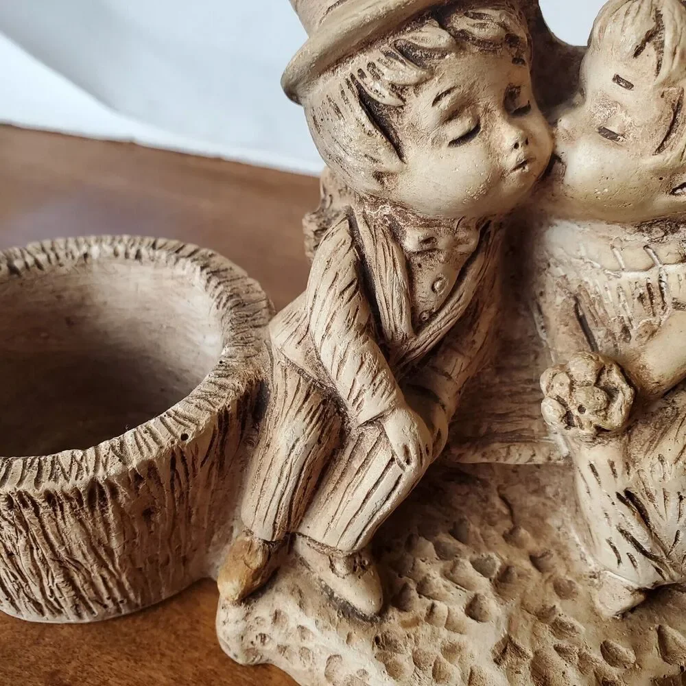 Ricardo Vintage Wood Carving Votive Candle Holder Fancy Couple Kissing On Bench